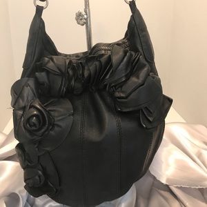 Valentino Black Leather Rose Rouche Bag